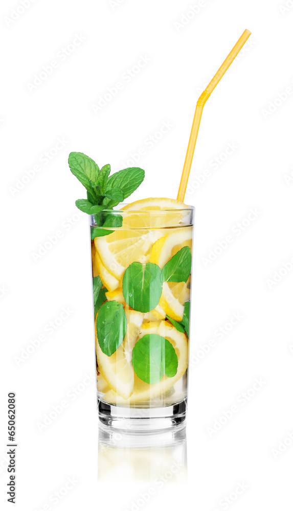 Iced tea with lemon and mint on white background Iced tea with lemon and mint on white background