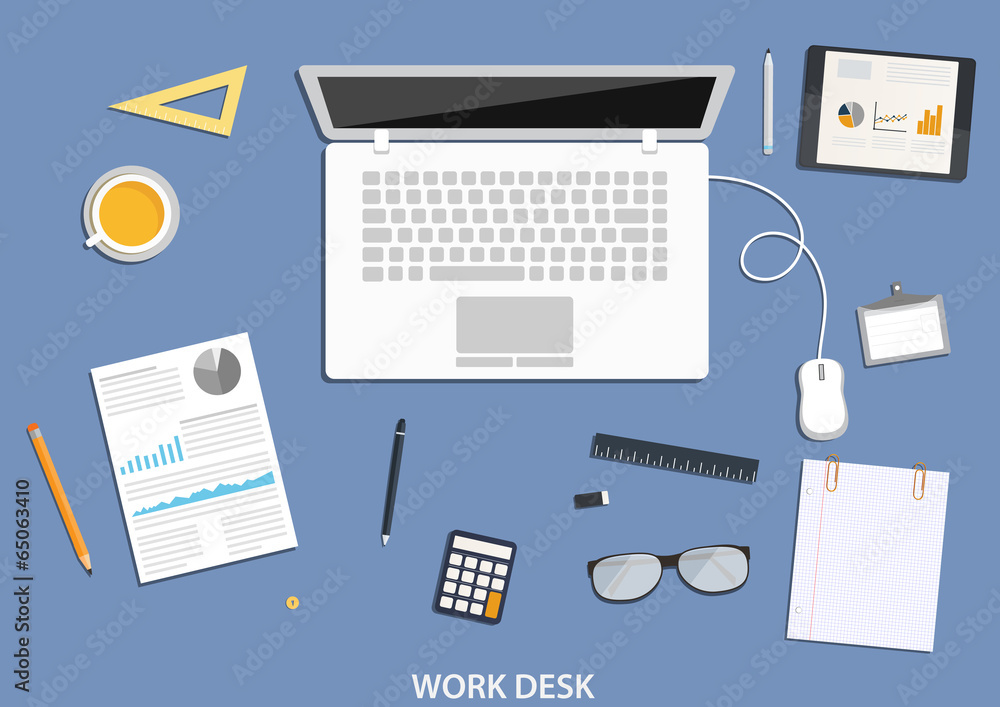 Workspace, flat desktop design with business icons