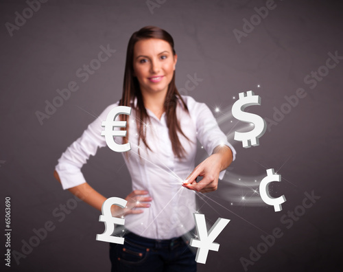 Young lady throwing currency icons