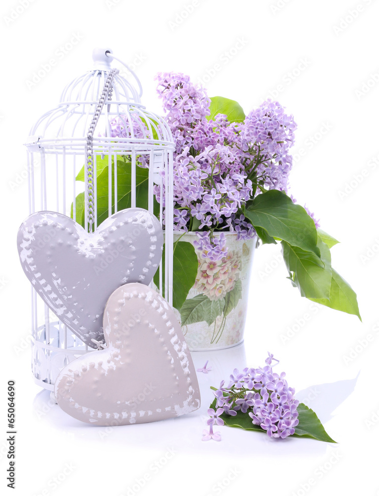 Beautiful decoration with bouquet of flowers and hearts - obrazy, fototapety, plakaty 
