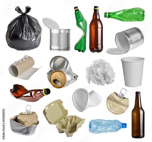 Samples of trash for recycling isolated on white background photo