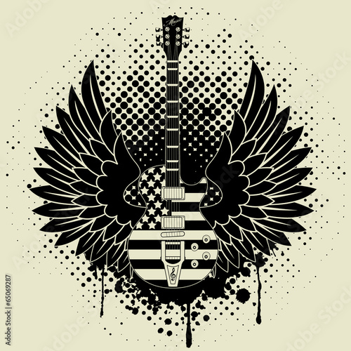Sticker on the shirt the image of a guitar of wings