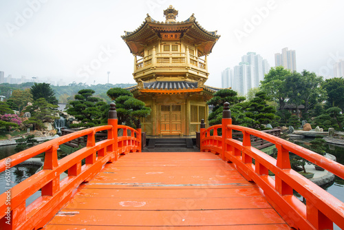 The Golden pavilion and red bridge in Nan Lian Garden  Hong Kong
