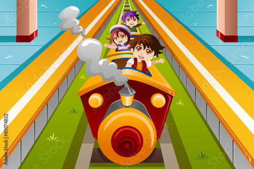 Kids riding a train