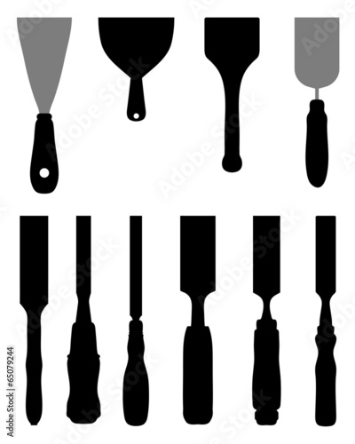 Black silhouettes of chisels and spatula, vector