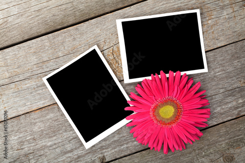 Fototapeta Naklejka Na Ścianę i Meble -  Two blank photo frames and fresh pink flower