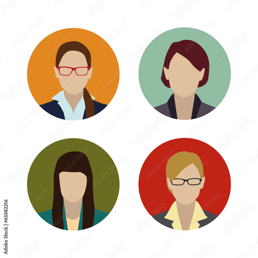 Set colorful female faces flat design