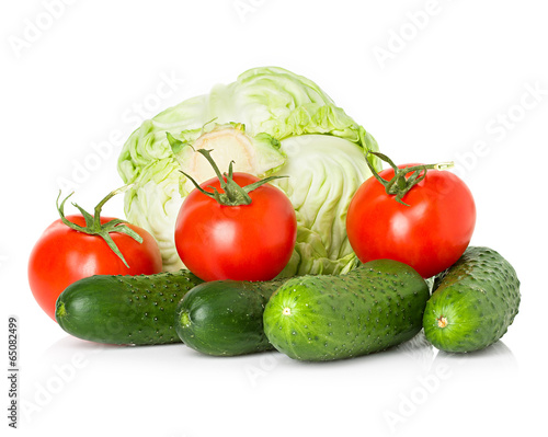 Red tomatoes, green cucumbers and cabbage