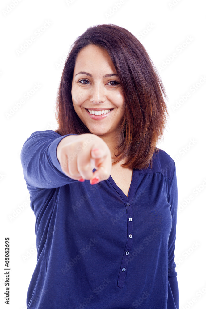 Beautiful young woman pointing at you, isolated on white backgro Beautiful young woman pointing at you, isolated on white backgro