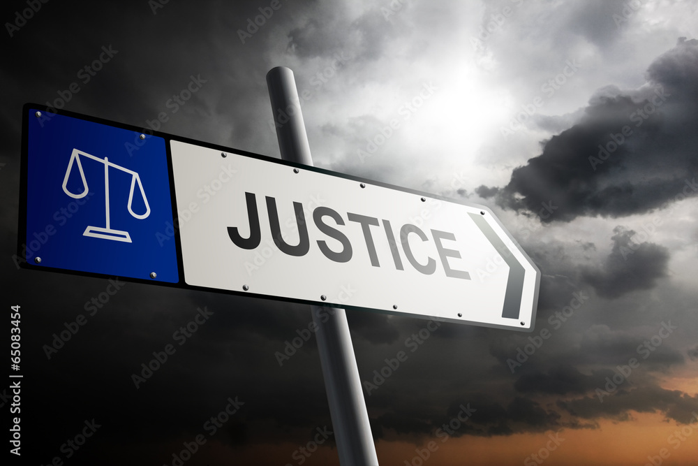Obraz premium Justice direction. Blue traffic sign.