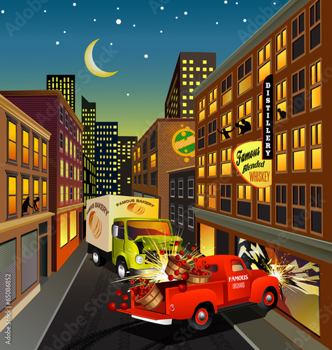 city street scene with trucks crashing