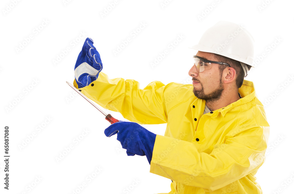 man with screwdriver protective suit man with screwdriver protective suit