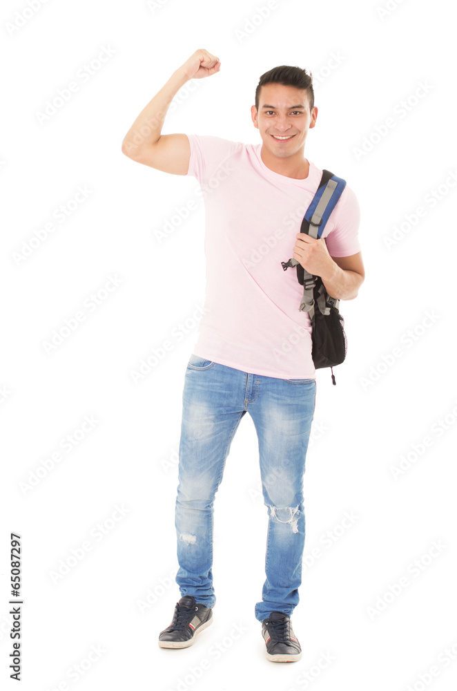 student wearing a backpack on white background student wearing a backpack on white background