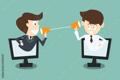 two businessman talking with cup telephone in computer via inter