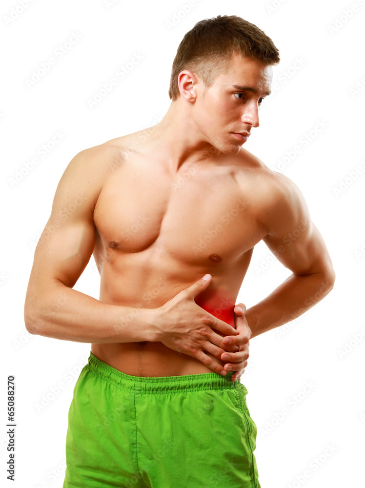 Young man having pain in his back, isolated on white background Young man having pain in his back, isolated on white background