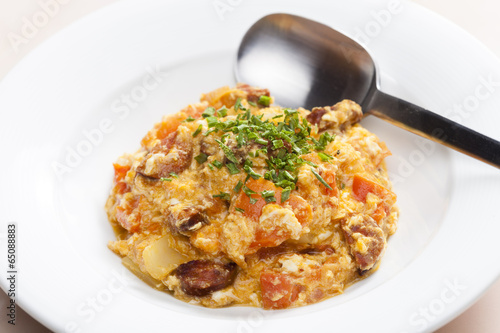 meal called leco (mixture of vegetables and eggs with sausage)