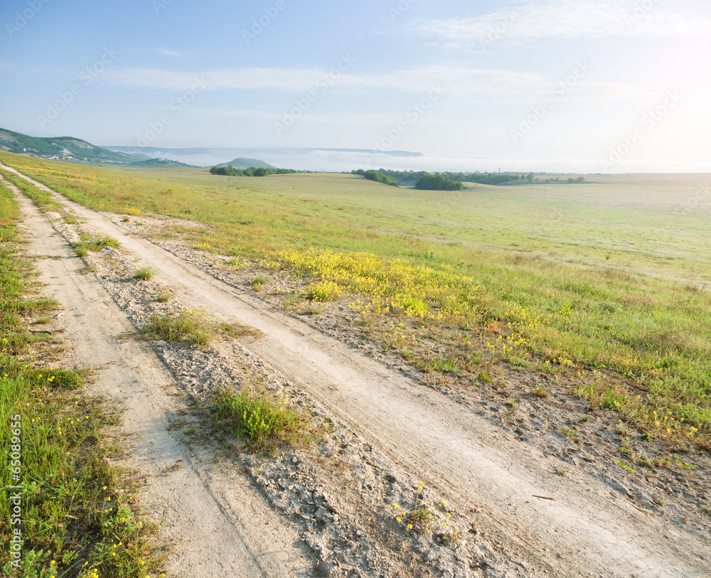 Obraz premium Lane in meadow and sunrise. Morning summer landscape. Sandy road in the mountains covered with fog.