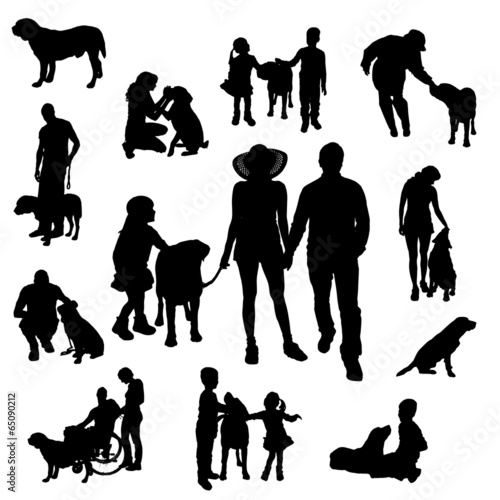 Vector silhouette of people with dog.