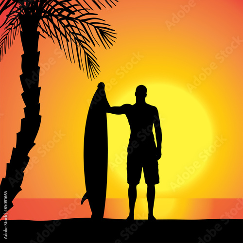 Vector silhouette of a man with a surfboard.