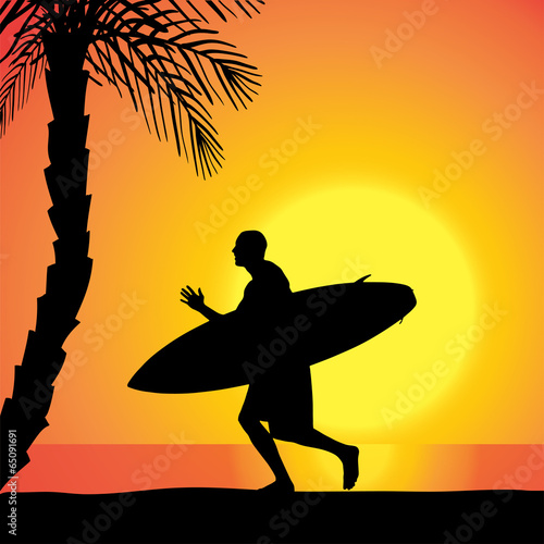 Fototapeta Naklejka Na Ścianę i Meble -  Vector silhouette of a man with a surfboard.