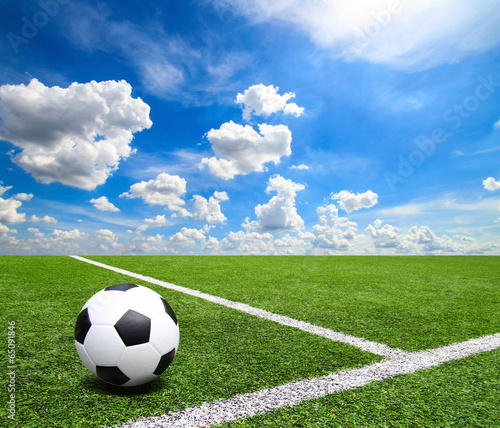 Football and soccer field grass stadium Blue sky background © nattkamol