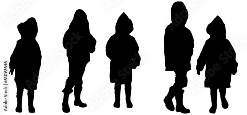 Vector silhouette of children in raincoats.