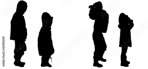 Vector silhouette of children in raincoats.