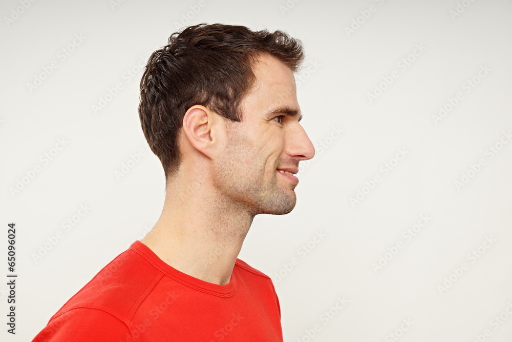 Profile of smiling man, right you can write some text Profile of smiling man, right you can write some text