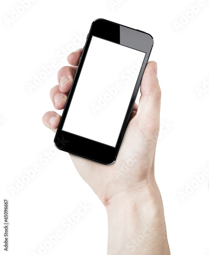 Hand holding smartphone, blank screen. isolated on white