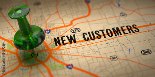 New Customers - Green Pushpin on a Map Background.