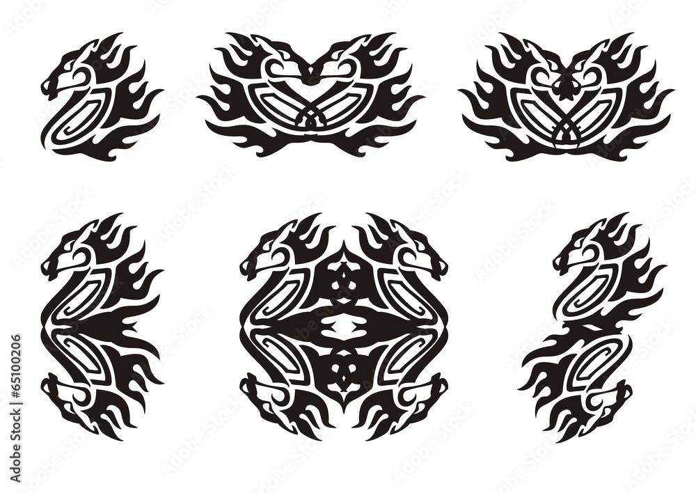 Fototapeta premium Tribal flaming horse symbols. Black on the white