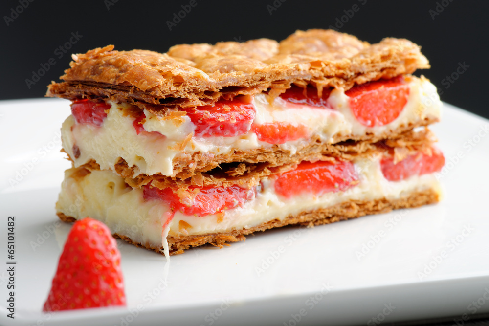 French gourmet strawberry mille feuille with whipped sour cream French gourmet strawberry mille feuille with whipped sour cream