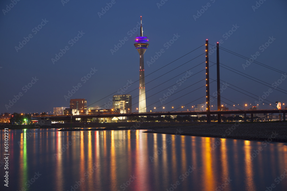 Night scene of Dusseldorf with Rheinturm tower
