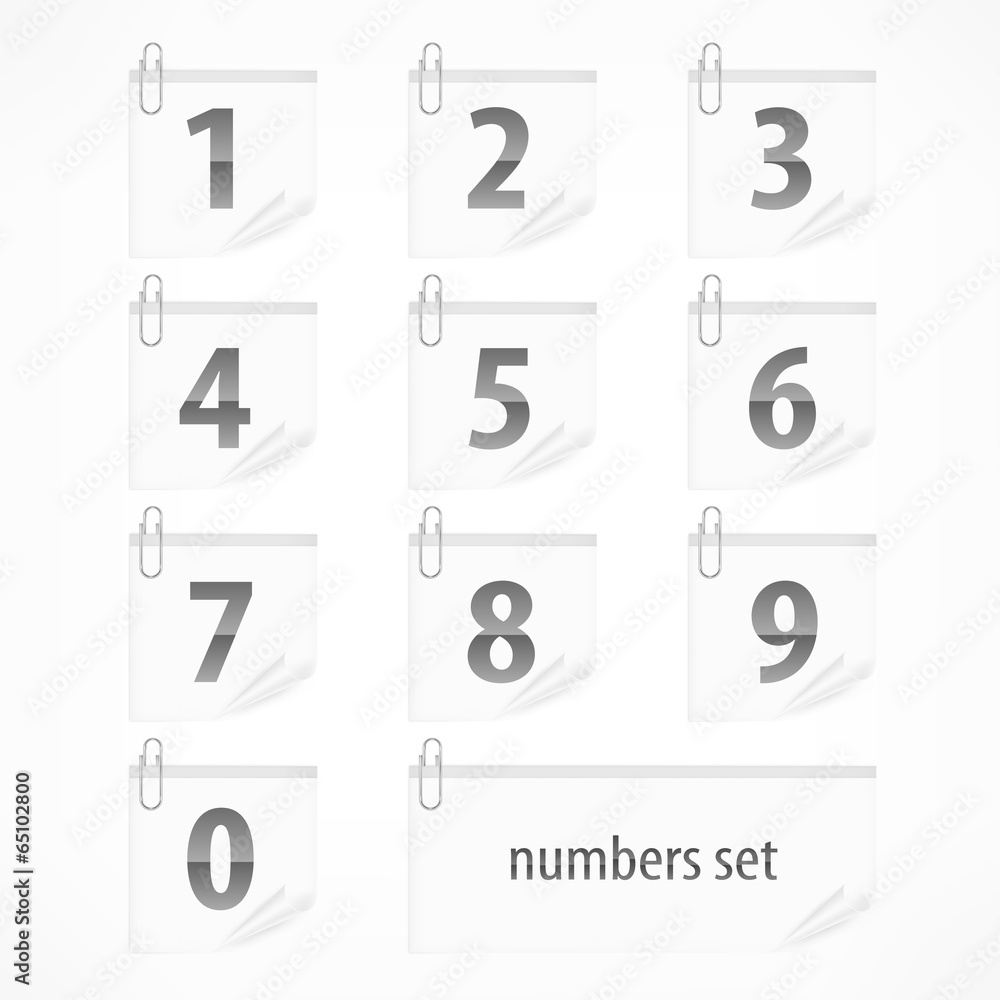 Set of numbers on paper stickers with clip, vector illustration Set of numbers on paper stickers with clip, vector illustration