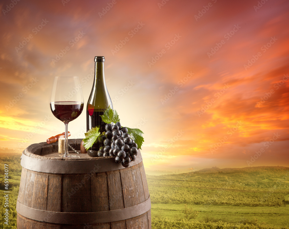 Red wine still life with vineyard on backgorund