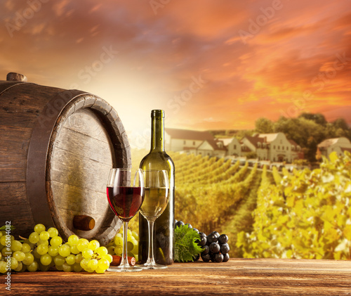 Wine still life with vineyard on backgorund