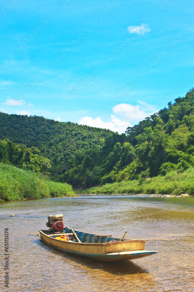  river in evergreen forest with boat