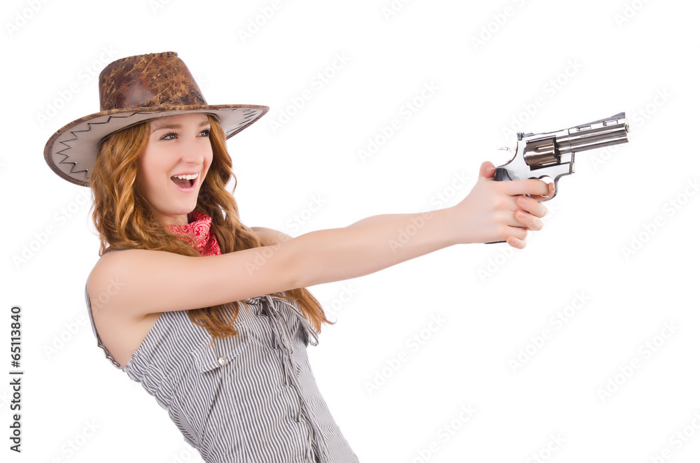 Woman gangster with gun isolated on white Woman gangster with gun isolated on white