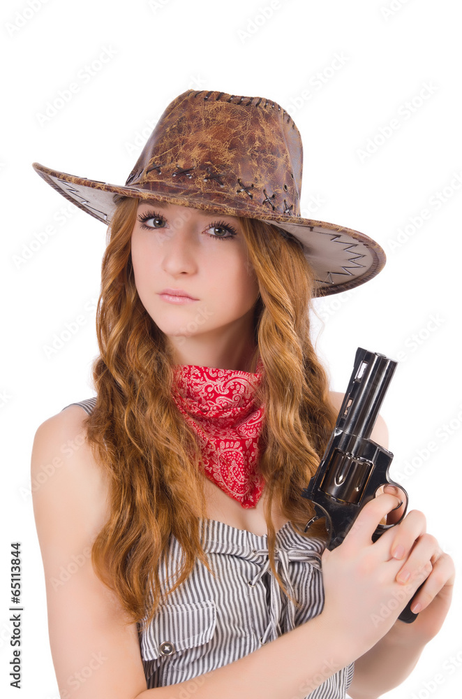 Woman gangster with gun isolated on white