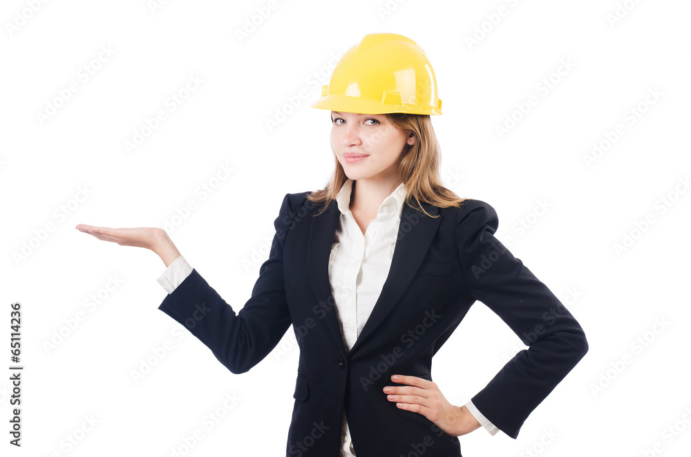Pretty businesswoman with hard hat holding hands isolated on wh Pretty businesswoman with hard hat holding hands isolated on wh