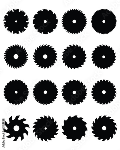 Big set of black silhouettes of circular saw blades, vector