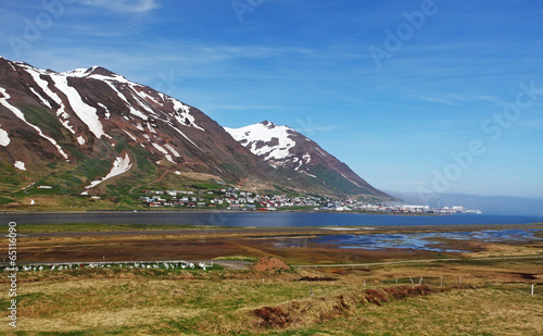 Iceland landspace with fjord and mountain