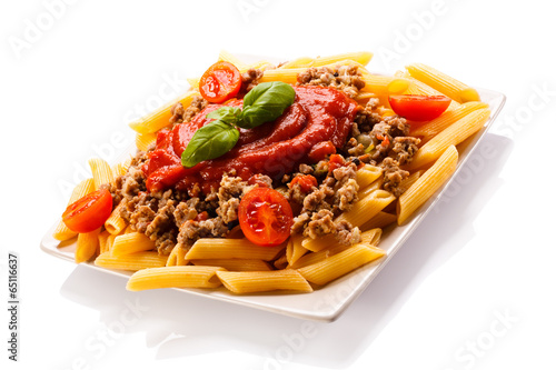 Pasta with meat, tomato sauce, parmesan and vegetables