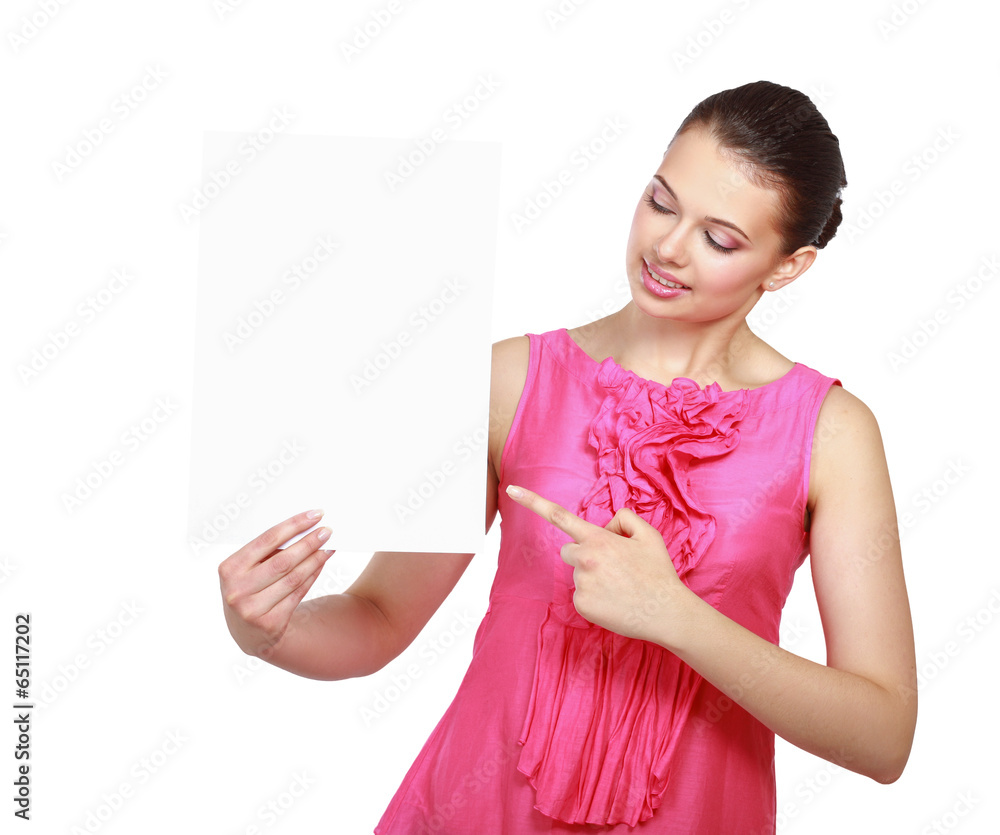A smiling woman with a blank, isolated on white background A smiling woman with a blank, isolated on white background