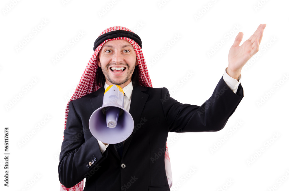 Arab yelling with loudspeaker isolated on white Arab yelling with loudspeaker isolated on white
