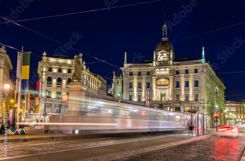 Tram passing Piazza Cordusio in Milan, Italy