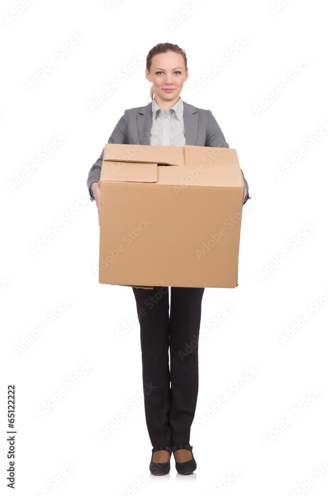 Woman businesswoman with boxes on white Woman businesswoman with boxes on white