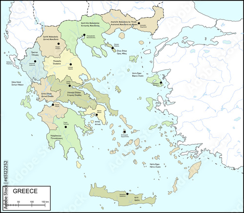 Contour map of Greece with regions, rivers and lakes