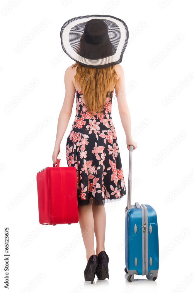 Woman ready for summer holiday isolated on white