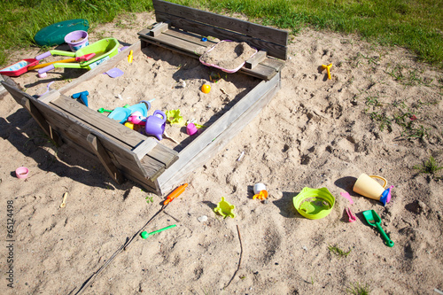 Quadro su tela Childhood. Sandpit sandbox with toys on playground.